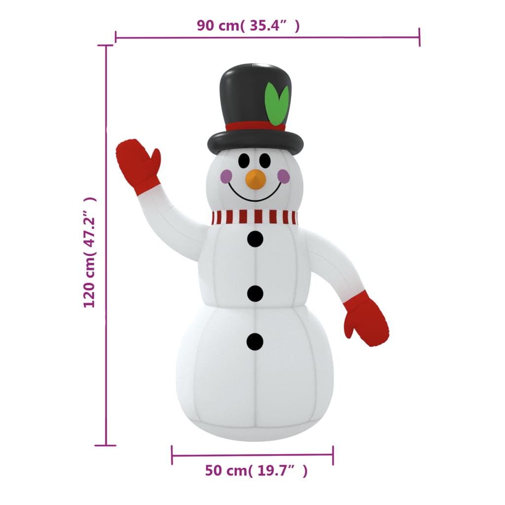 4 ft inflatable snowman made of multicolor Oxford fabric with built-in LEDs, measuring 120 cm tall.