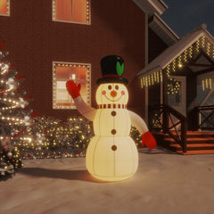 4 ft inflatable snowman with LEDs, made of multicolor Oxford fabric, waving in a snowy yard.