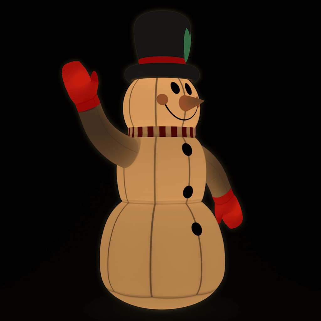 8 ft inflatable snowman with multicolor LED lights, waving arm, top hat, and scarf.