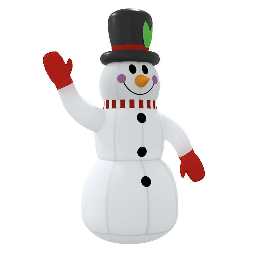 8 ft inflatable snowman waving with red gloves, black top hat, and multicolor LED lights.