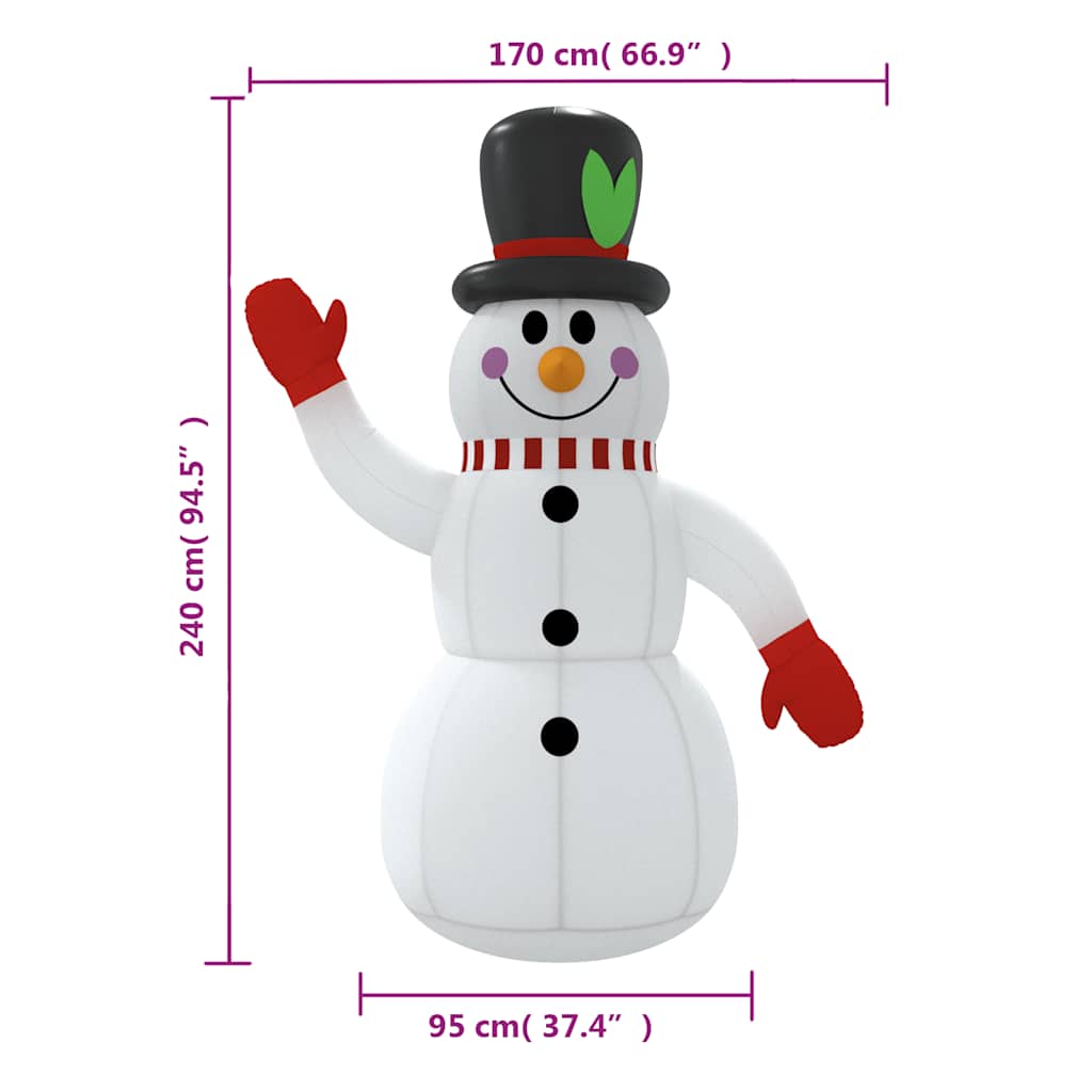 8 ft inflatable snowman with multicolor LED lights, 170 cm tall, made of Oxford fabric.