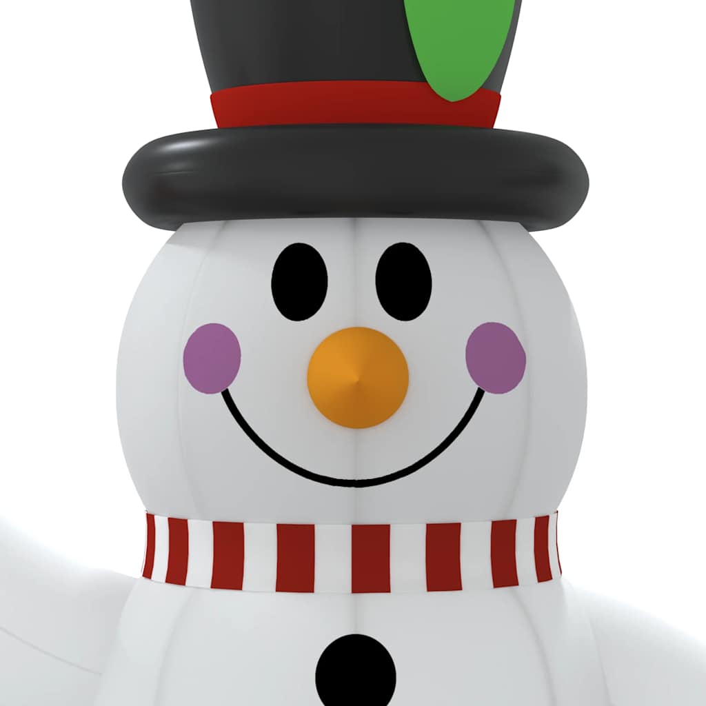 8 ft inflatable snowman with multicolor LED lights and green feather hat.
