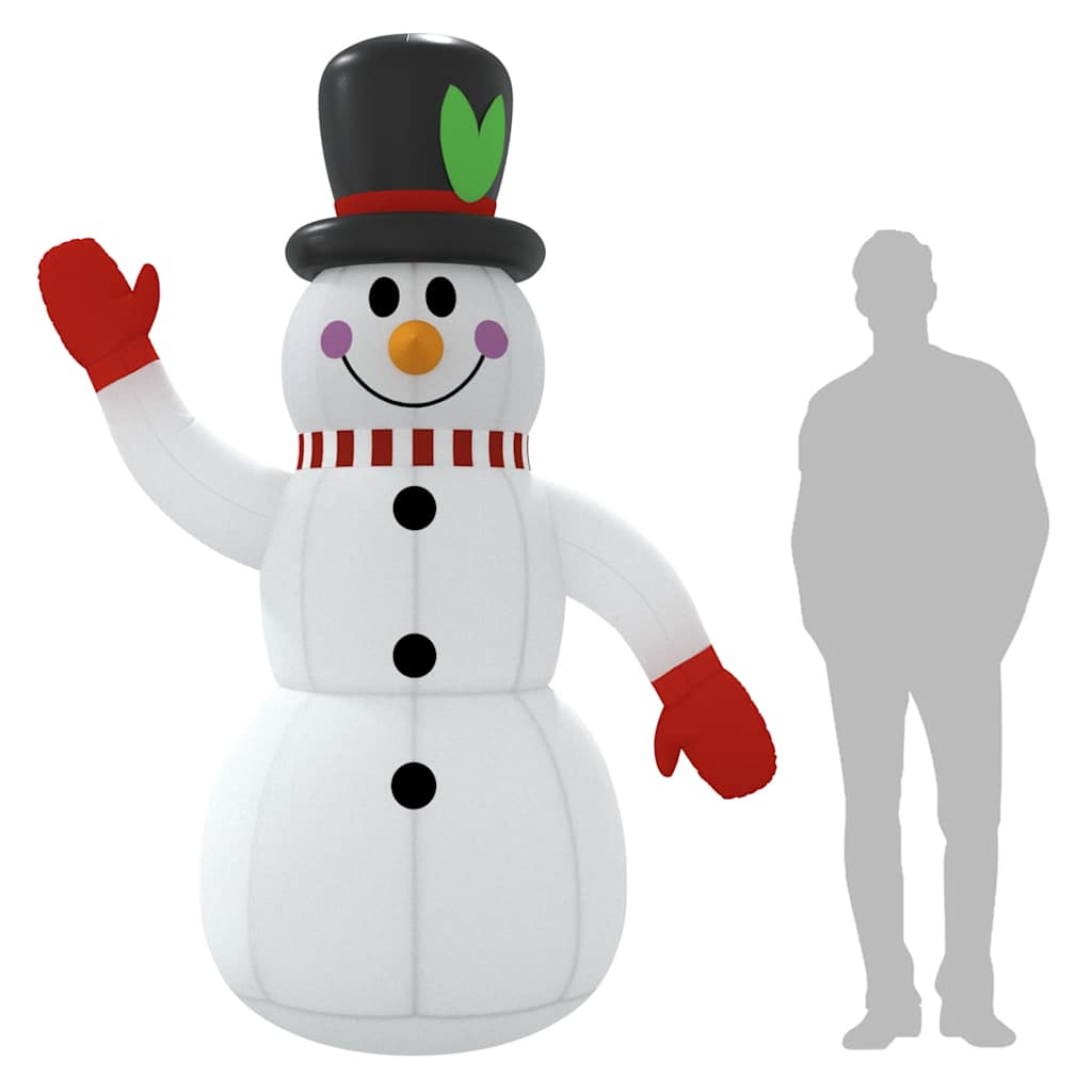 8 ft inflatable snowman with black top hat, red scarf, LED lights, and size comparison to person.