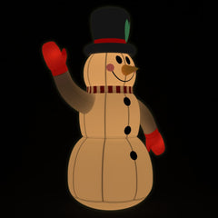 10 ft inflatable snowman with multicolor LEDs, waving arm, top hat, and scarf.