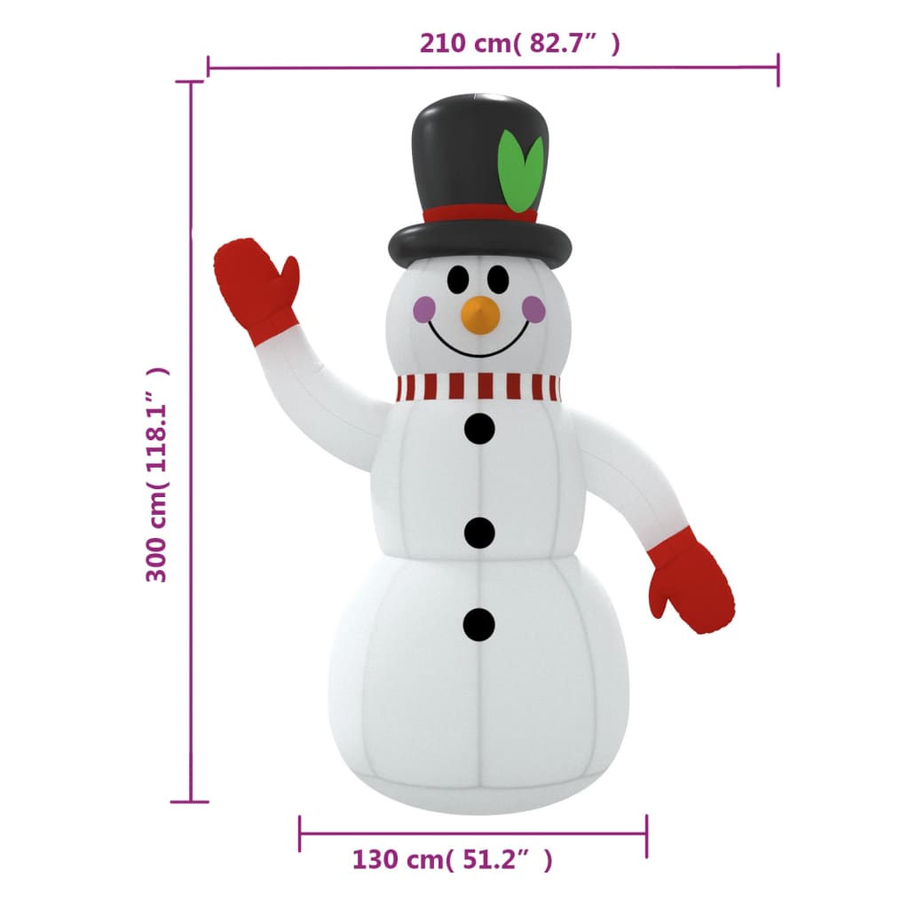 10 ft inflatable snowman with waving arm, red mittens, black top hat with green leaf, and size dimensions shown.