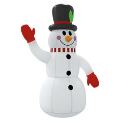 10 ft inflatable snowman with multicolor LEDs, waving arm, top hat, and red gloves.