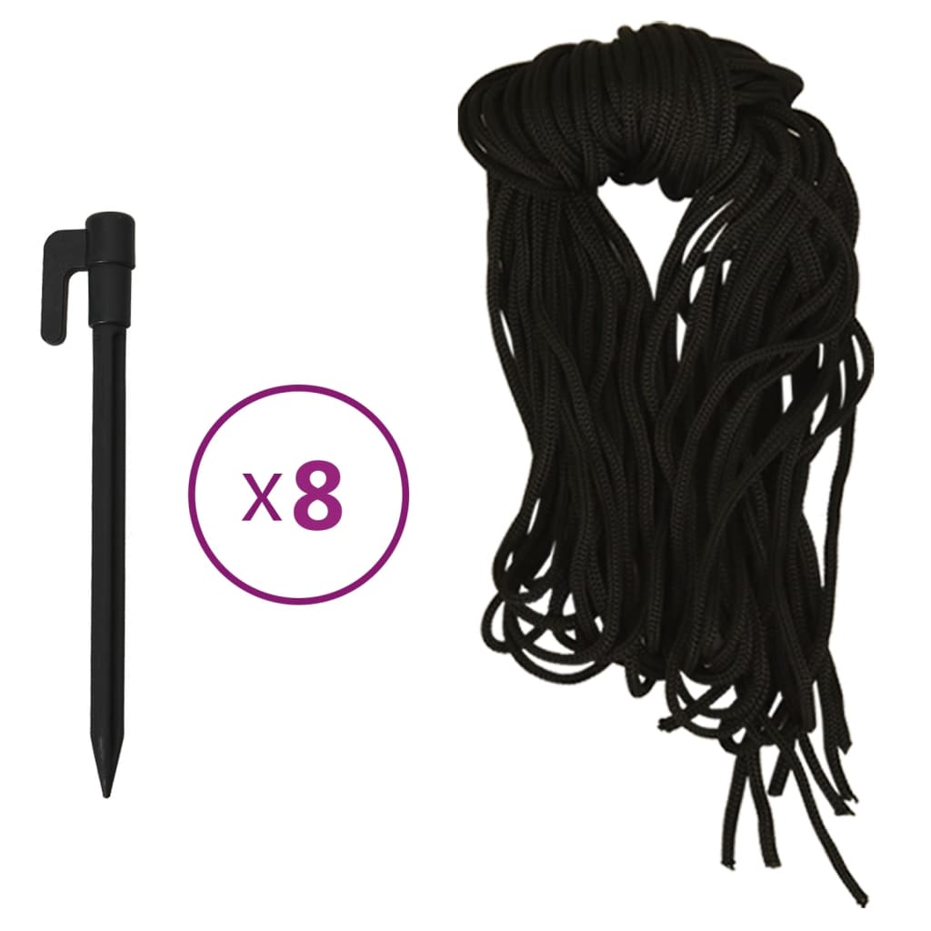Black stakes and long black ropes for securing outdoor inflatables, set of eight.