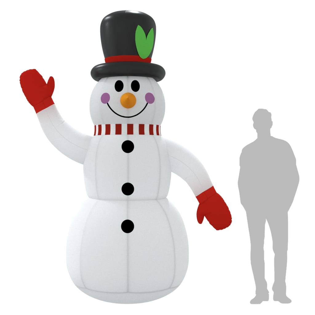 10 ft inflatable snowman with multicolor LEDs, waving arm, top hat, and scale figure.