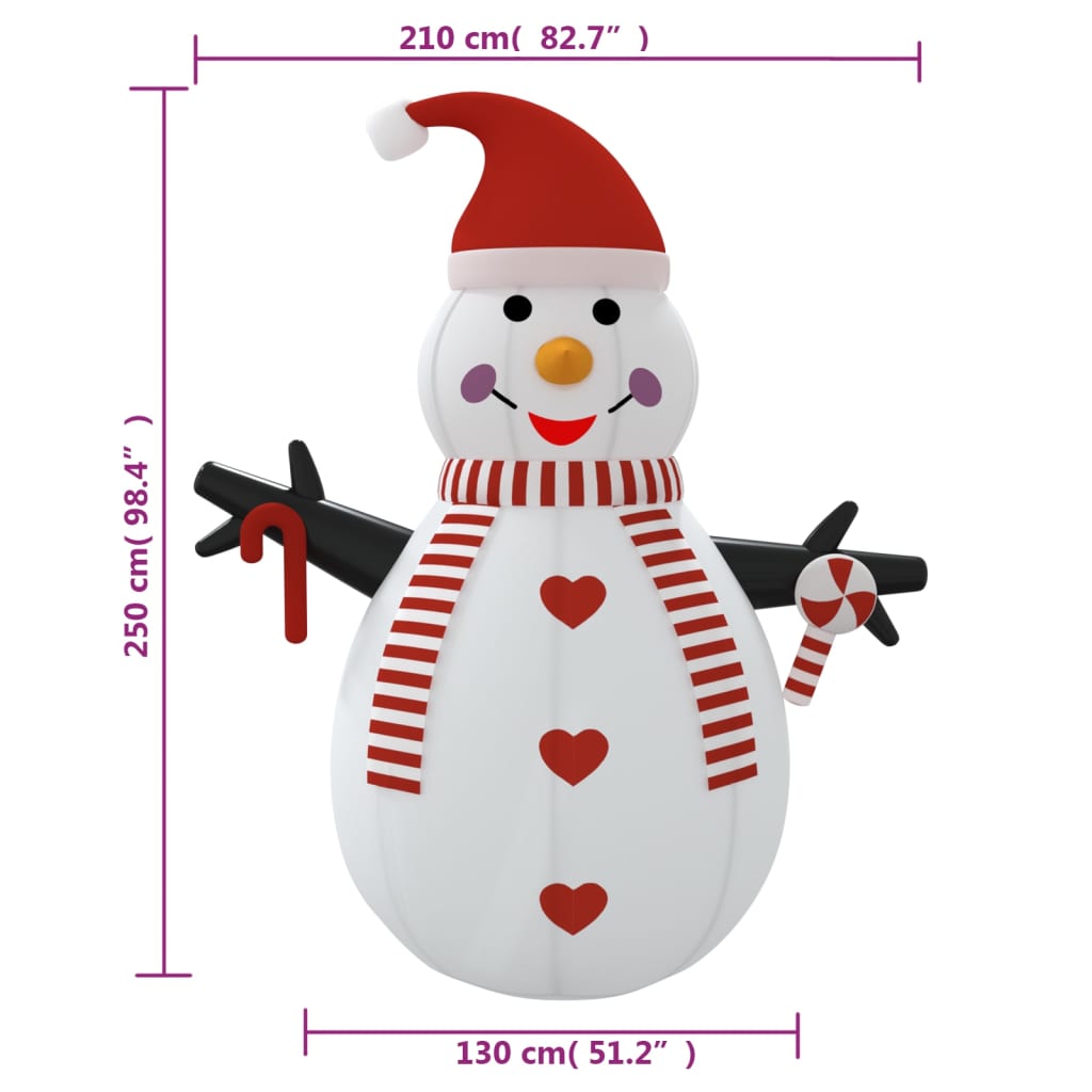8 ft inflatable snowman with red hat, scarf, candy cane, and multicolor LEDs.