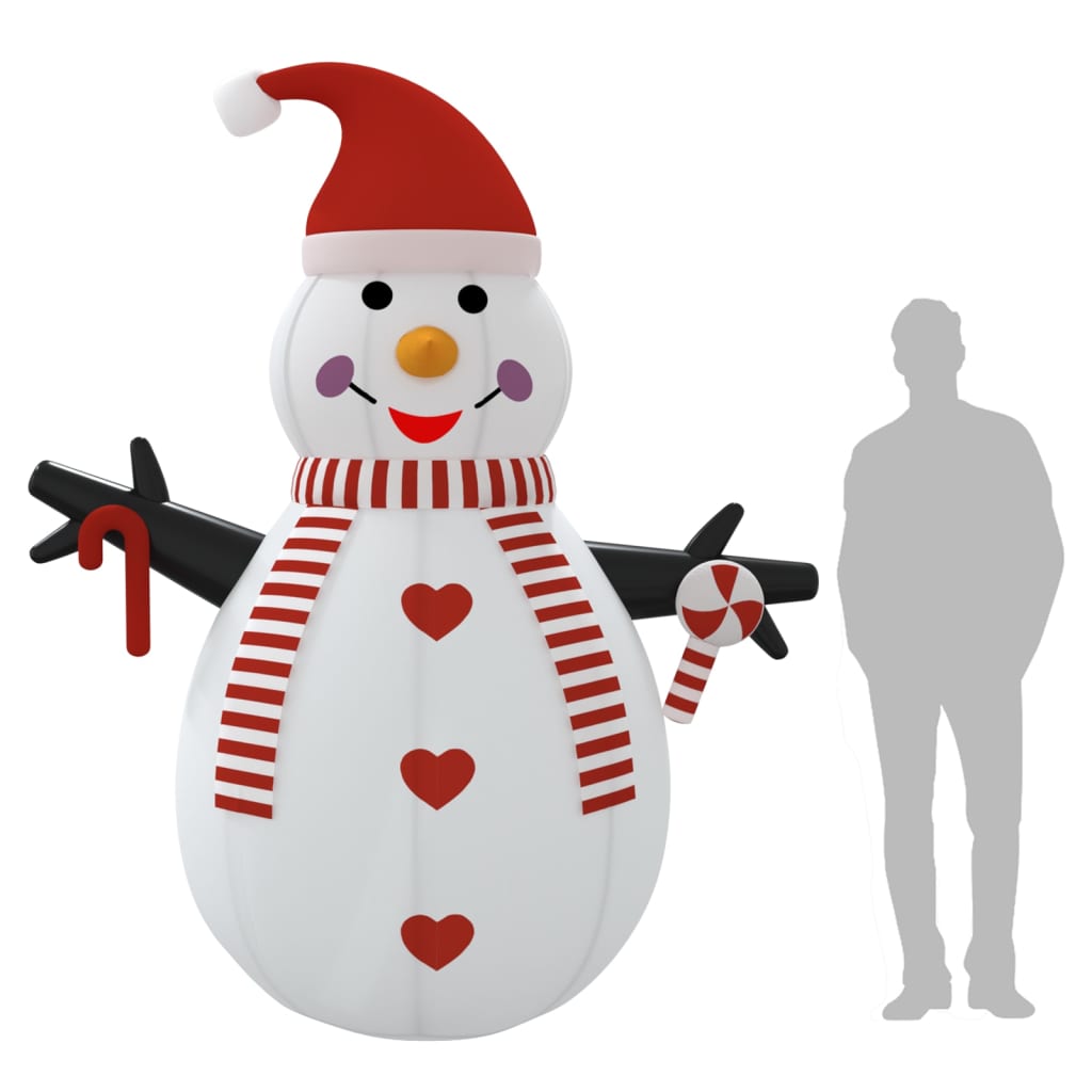 An 8-foot inflatable snowman with a red hat, scarf, and heart buttons, next to a human silhouette.