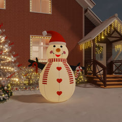 8 ft inflatable snowman with red hat, scarf, and built-in LEDs on a snowy yard.