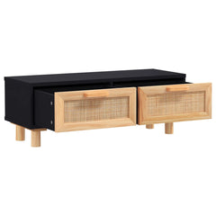 Coffee Table Black Engineered wood, Solid pine wood, Natural rattan