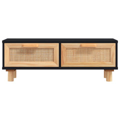 Coffee Table Black Engineered wood, Solid pine wood, Natural rattan