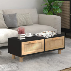 Coffee Table Black Engineered wood, Solid pine wood, Natural rattan