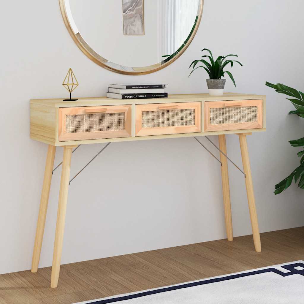 Console Table Brown Engineered wood, solid pine wood, natural rattan