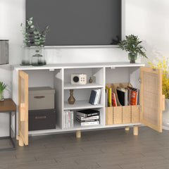 Sideboard White Engineered wood, solid pinewood, natural rattan