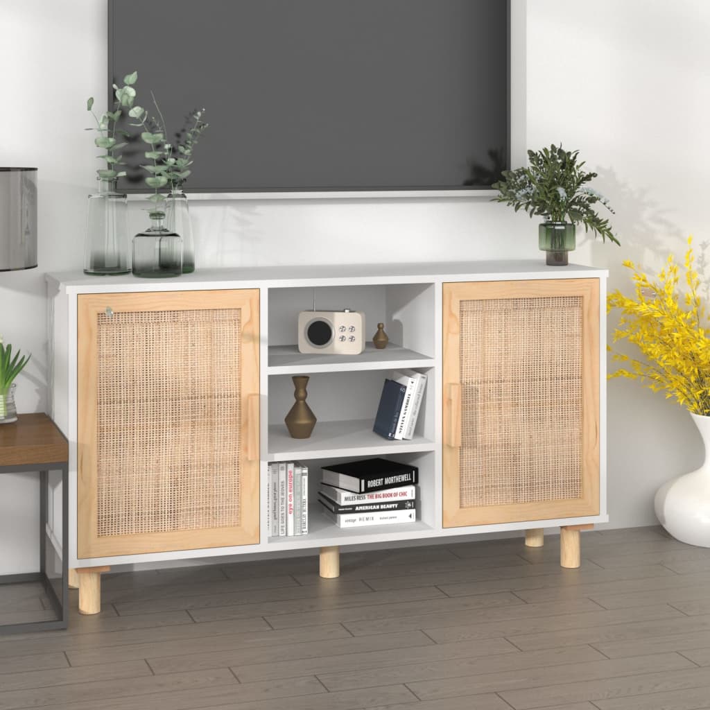 Sideboard White Engineered wood, solid pinewood, natural rattan