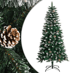 A 47.2-inch green PVC artificial Christmas tree with snow, glitter, pine cones, and a metal stand.