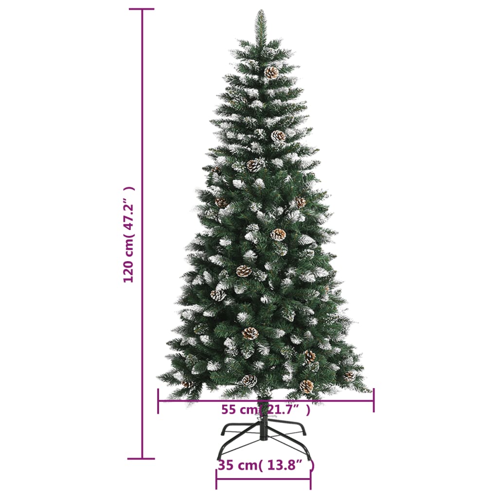 A 47.2-inch green PVC artificial Christmas tree with snow, glitter, and a stand, shown with dimensions.