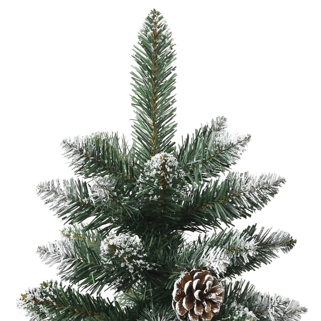 59.1-inch green PVC artificial Christmas tree with snow, glitter, pinecone, and stand.