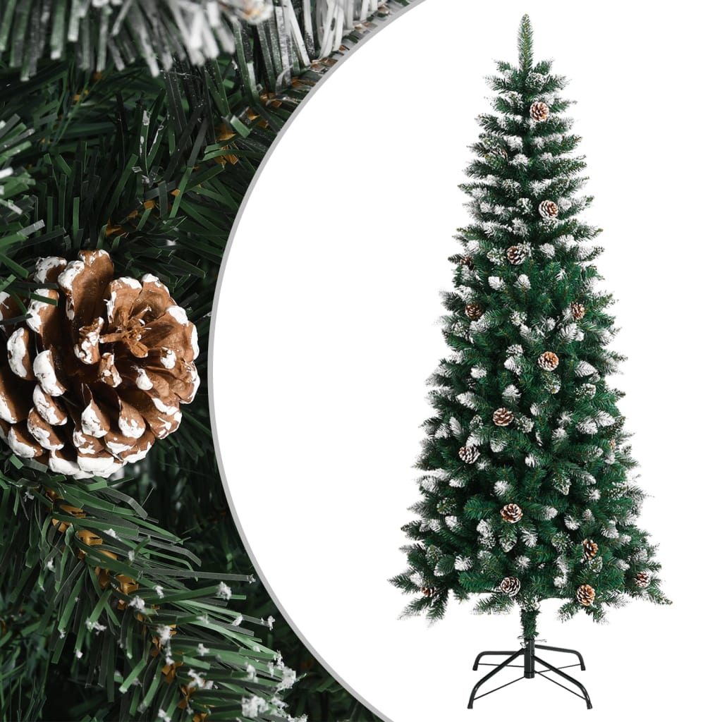 70.9-inch green PVC artificial Christmas tree with snow, glitter, pine cones, and metal stand.