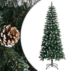 70.9-inch green PVC artificial Christmas tree with snow, glitter, pine cones, and metal stand.