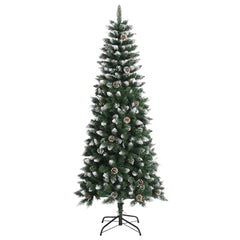 70.9-inch green PVC artificial Christmas tree with snow, glitter, pine cones, and metal stand.