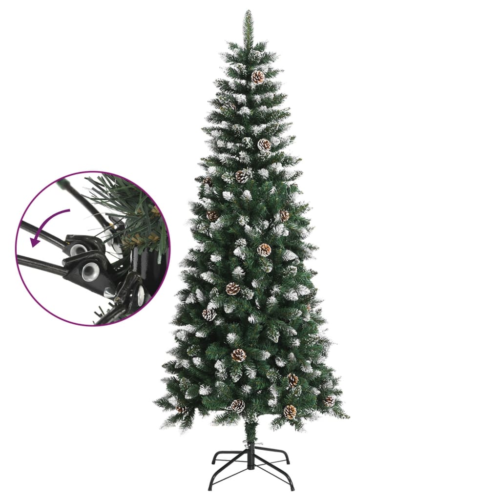 70.9in green artificial Christmas tree with snow, glitter, pine cones, and metal stand