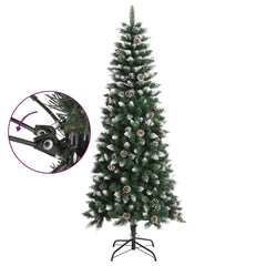 70.9in green artificial Christmas tree with snow, glitter, pine cones, and metal stand