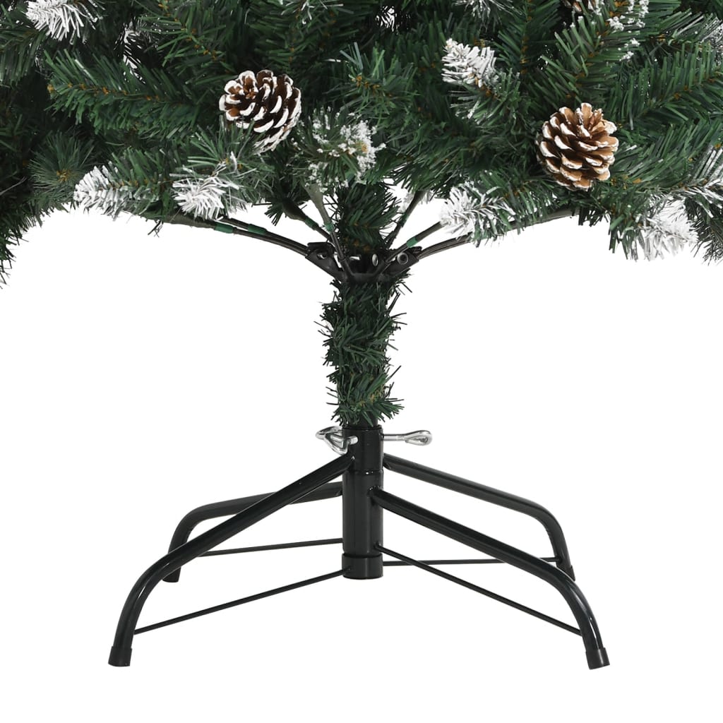 70.9-inch green PVC artificial Christmas tree with snow, glitter, pine cones, and black metal stand.