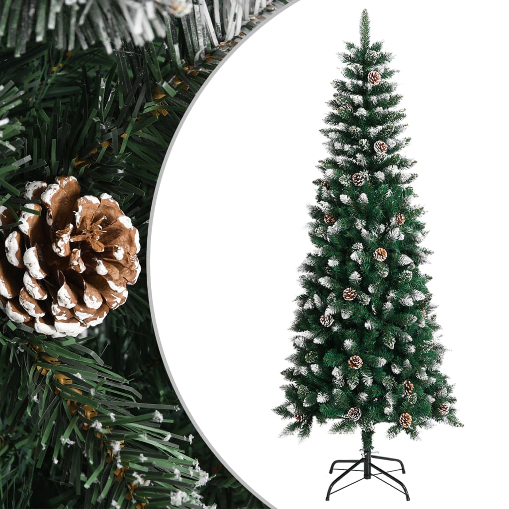 A 7ft green PVC artificial Christmas tree with snow, glitter, and a black stand.