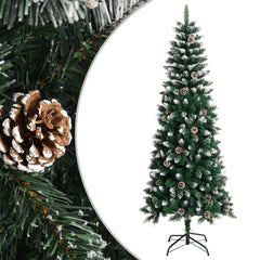 A 7ft green PVC artificial Christmas tree with snow, glitter, and a black stand.