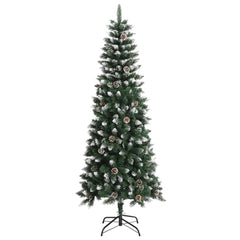 A 7ft green PVC artificial Christmas tree with snow, glitter, pine cones, and a black stand.
