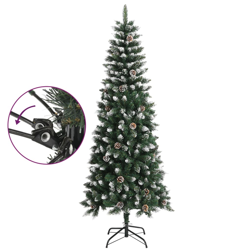 A 7ft green PVC artificial Christmas tree with snow, glitter, pine cones, and metal stand.