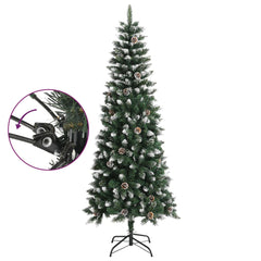 A 7ft green PVC artificial Christmas tree with snow, glitter, pine cones, and metal stand.