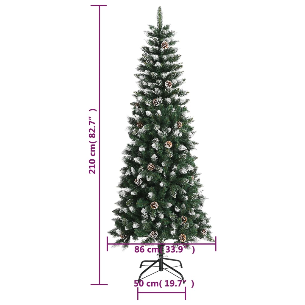 7ft green PVC artificial Christmas tree with snow, glitter, and stand, measuring 59in tall and 19.7in base.