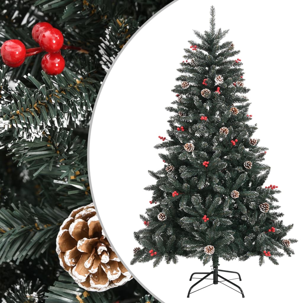 47.2-inch green artificial Christmas tree with stand, pine cones, red berries, and snow-dusted branches