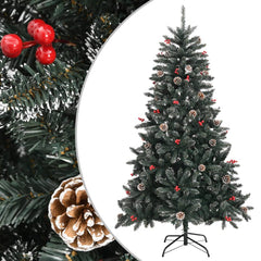 59.1-inch green PVC artificial Christmas tree with stand, snow, berries, and pinecones.