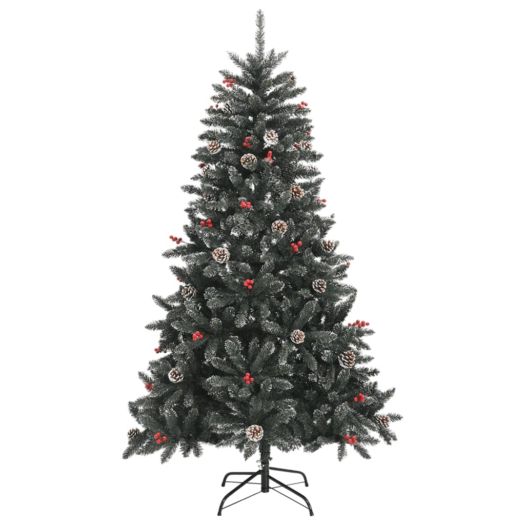 59.1-inch green PVC artificial Christmas tree with snow decor, berries, cones, and metal stand.