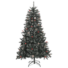 59.1-inch green PVC artificial Christmas tree with snow decor, berries, cones, and metal stand.