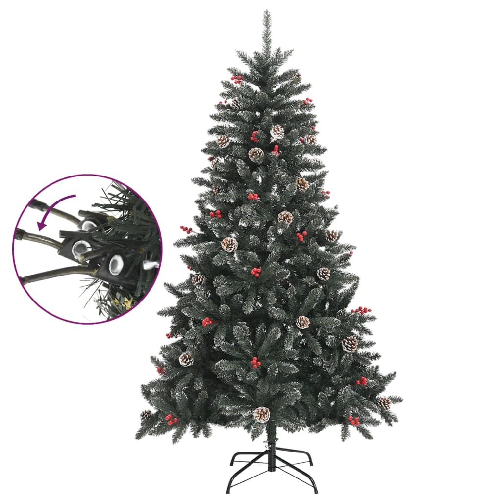 59.1-inch green PVC artificial Christmas tree with snow decor, berries, cones, and stand.