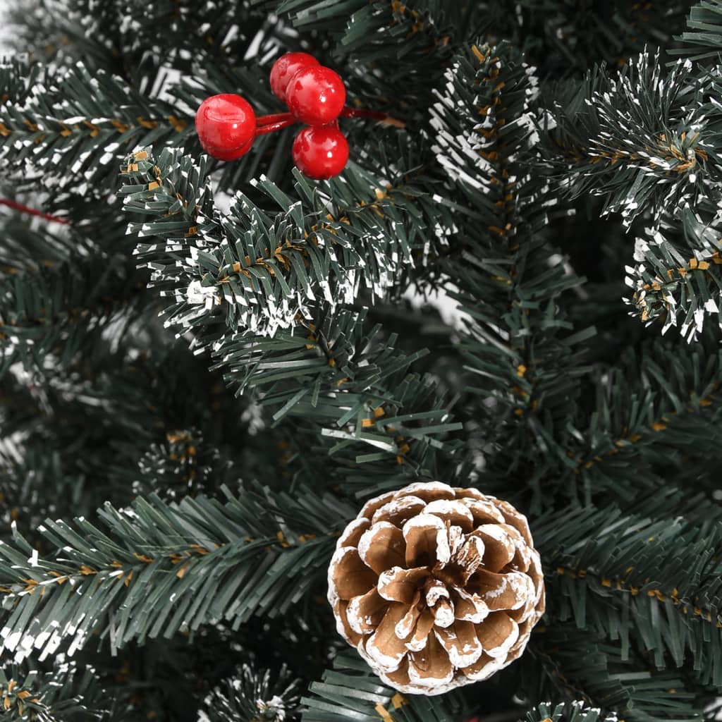 59.1-inch green PVC artificial Christmas tree with snow-flocked branches, red berries, and pine cones on a stand.