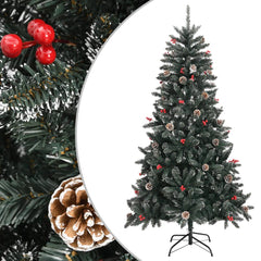 70.9-inch green PVC artificial Christmas tree with stand, decorated with red berries and pine cones.