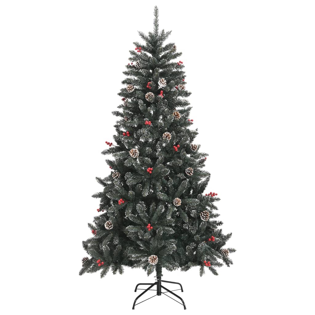 Green 70.9" artificial Christmas tree with frosted pine cones, red berries, and metal stand