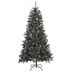 Green 70.9" artificial Christmas tree with frosted pine cones, red berries, and metal stand