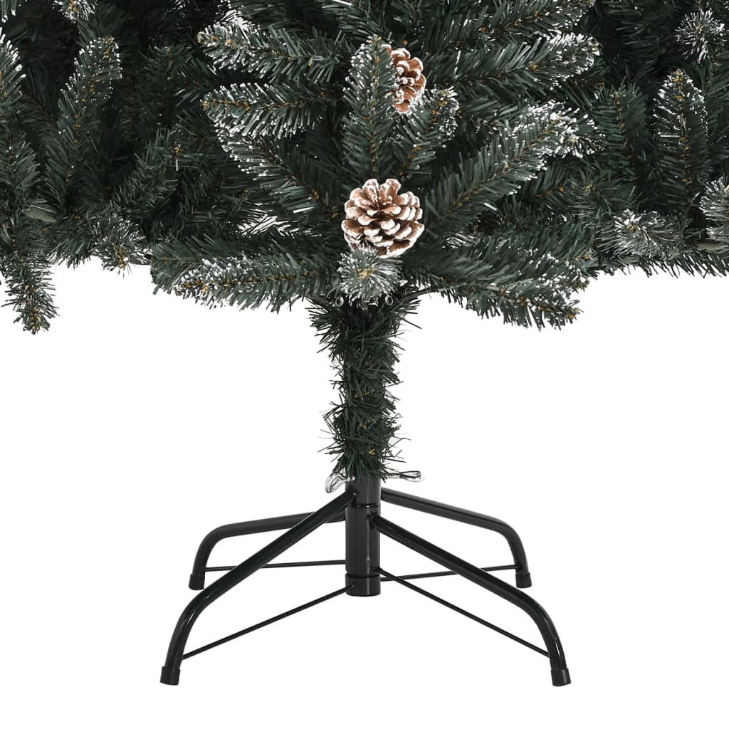 A 70.9-inch green PVC artificial Christmas tree with snow-dusted branches, pine cones, berries, and black metal stand.