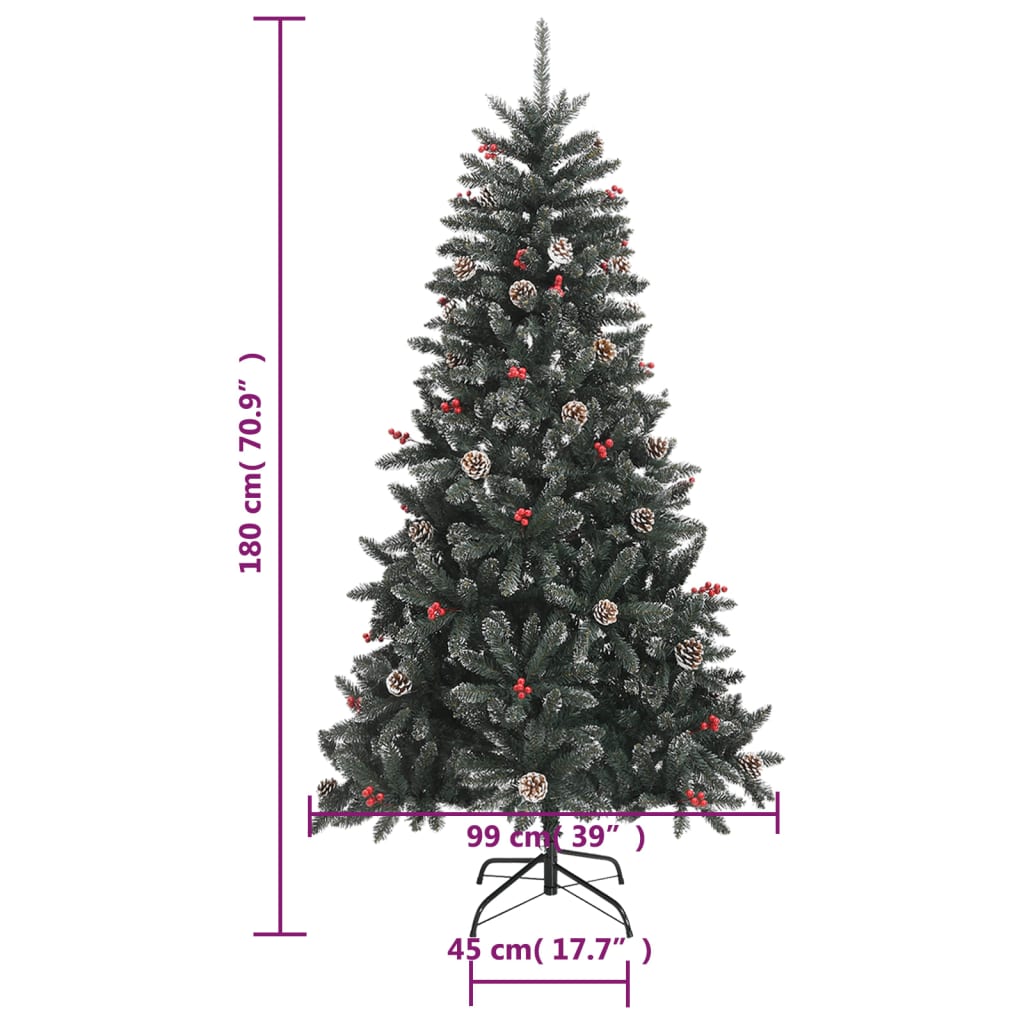 70.9-inch green PVC artificial Christmas tree with stand, decorated with red berries and pine cones.