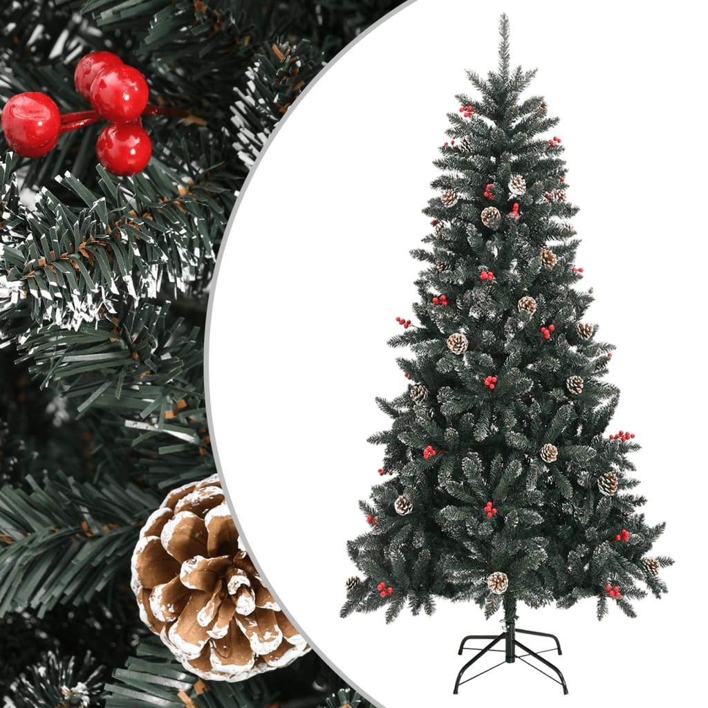 7ft green artificial Christmas tree with snow, pinecones, red berries, and hinged PVC branches on a metal stand.