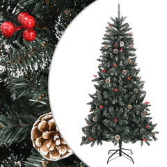 7ft green artificial Christmas tree with snow, pinecones, red berries, and hinged PVC branches on a metal stand.