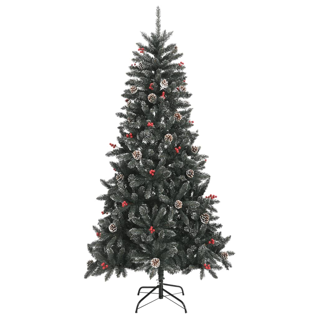 A 7ft green artificial Christmas tree with snow, pinecones, red berries, and hinged PVC branches on a metal stand.